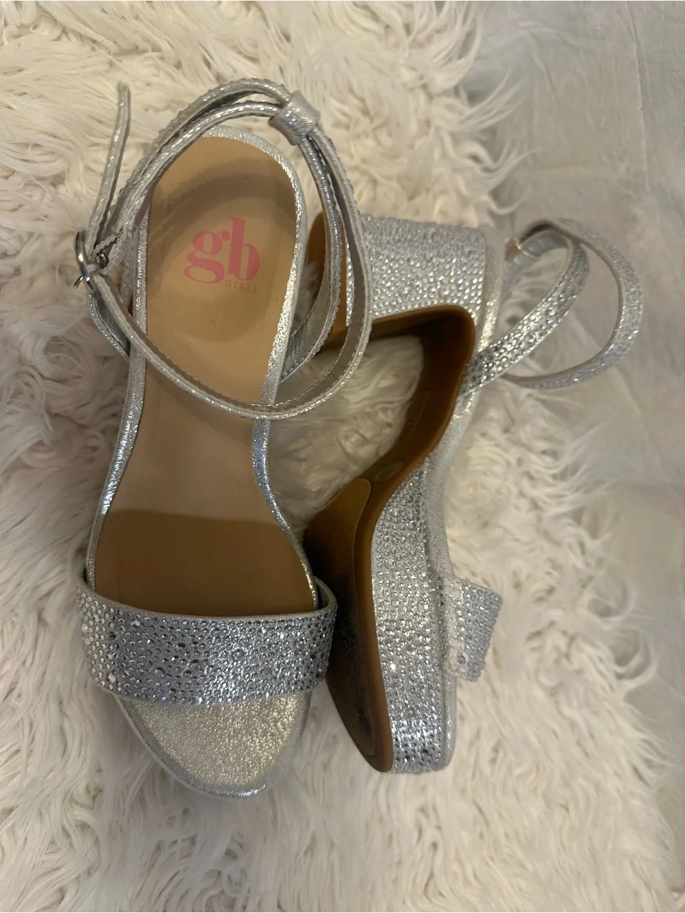 GB Girls Silver Rhinestone Platform Block Heel Sandals Girls Size 2